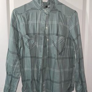 Button up, sea green, plaid, long sleeve, shirt that needs a new home.